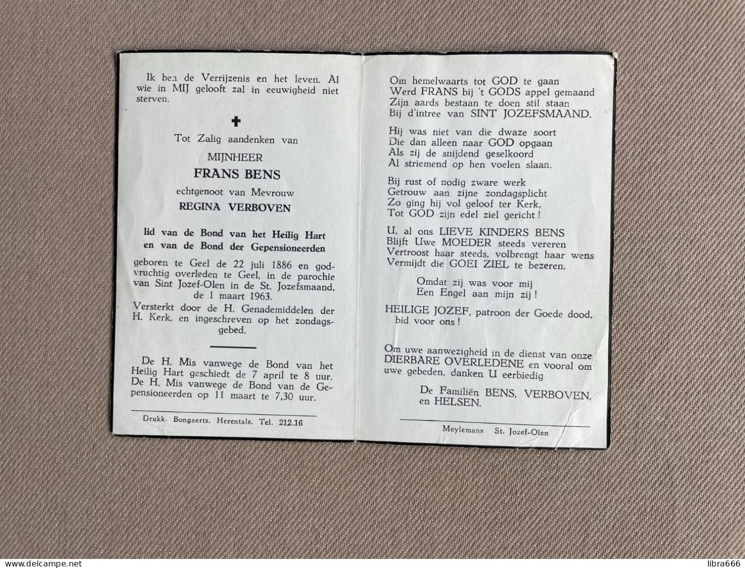 BENS Frans °GEEL 1886 +GEEL 1963 - VERBOVEN - HELSEN - Obituary Notices