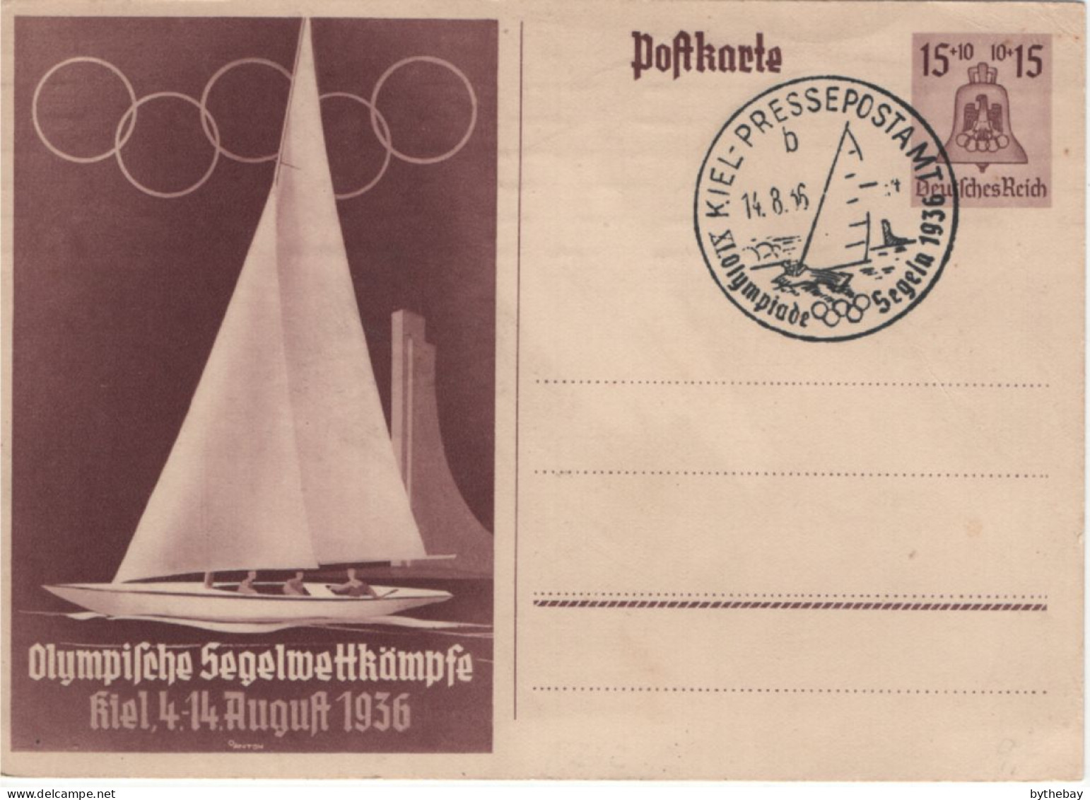 Germany 1936 Postal Stationery Post Card 1936 Olympics MiNr P 262 Sailing Cancel - Tarjetas