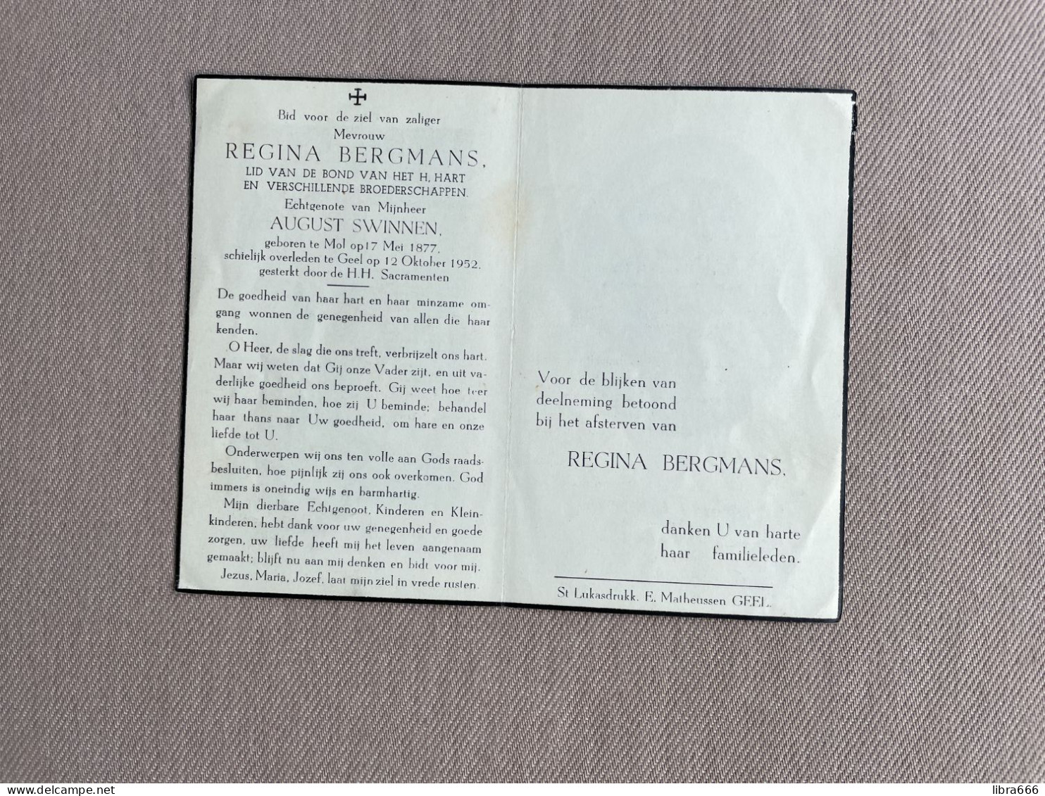 BERGMANS Regina °MOL 1877 +GEEL 1952 - SWINNEN - Todesanzeige