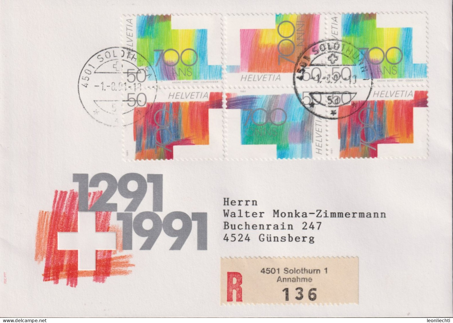 1991 Schweiz, FDC R-Brief, Zum:CH 807-810, Mi:CH: 1438-1441, 700 Jahre Eidgenossenschaft ° Solothurn 1.8.91 - Briefe U. Dokumente