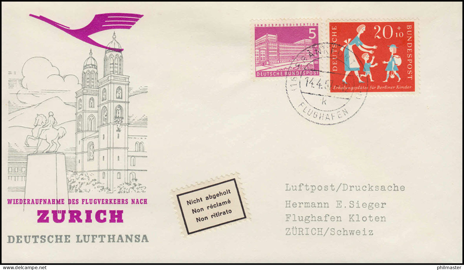 Eröffnungsflug Lufthansa Wiederaufnahme Flugverkehr FRANKFURT/ ZÜRICH 14.4.57 - First Flight Covers