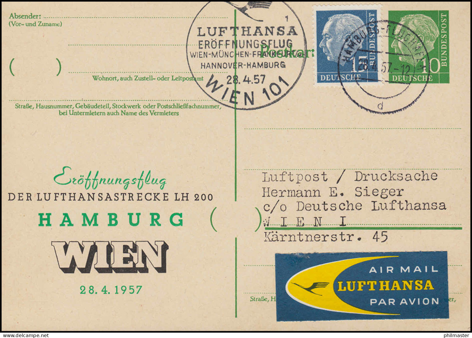 Lufthansa Eröffnungsflug LH 200 HAMBURG/ WIEN Ganzsache + Marke 28.4.1957 - First Flight Covers