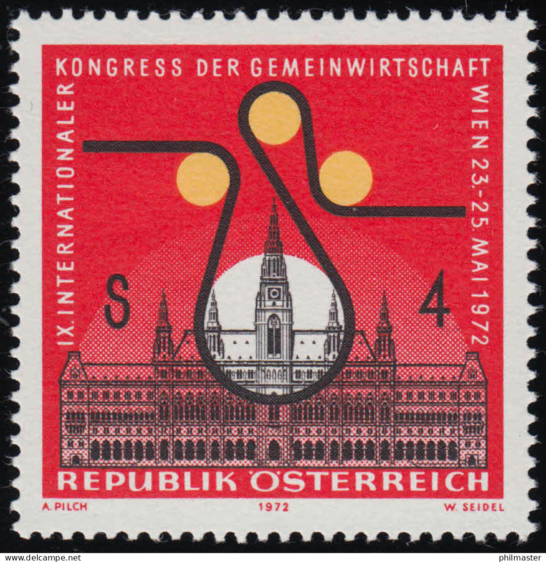 1388 Intern. Kongr. Gemeinwirtsch. Wien, Rathaus Wien, Emblem, 4 S Postfrisch ** - Unused Stamps