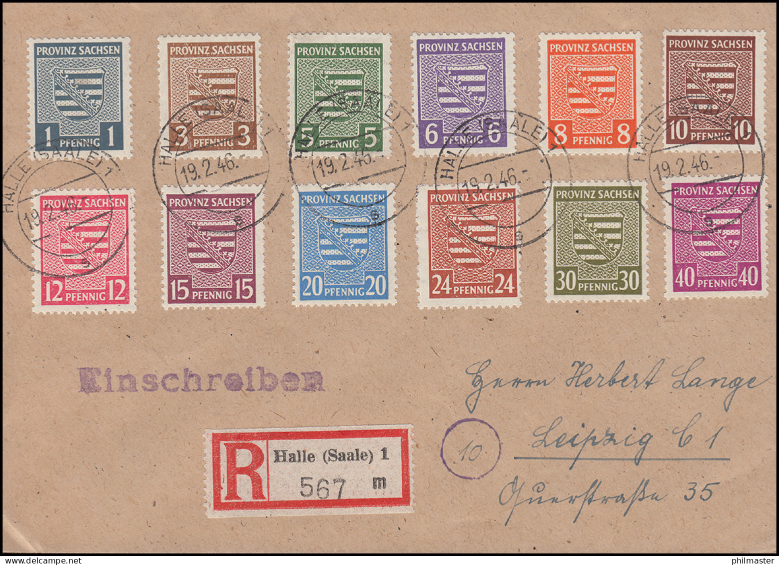 73-84 Provinzwappen Komplett Auf R-Brief HALLE/SAALE 19.2.46 Nach Leipzig 22.2. - Covers & Documents