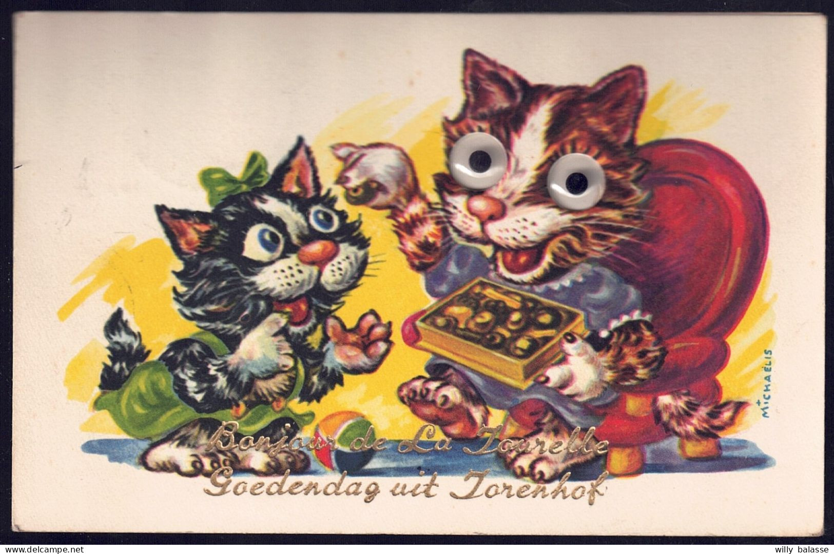 +++ CPA - Fantaisie - Bonjour De LA TOURELLE - Cachet Klemskerke - Chat Humanisé - Cat - Katze - Yeux Mobiles   // - Katten