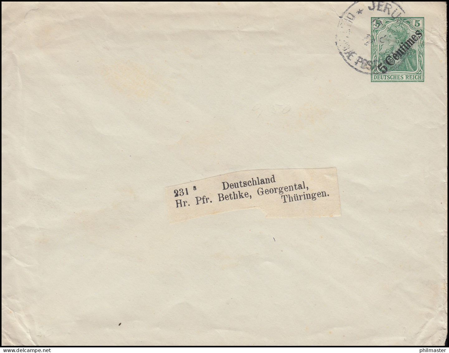 Deutsche Post Jerusalem 15.8.1911 Auf Umschlag U 5 Nach Georgental / Thüringen - Turquia (oficinas)