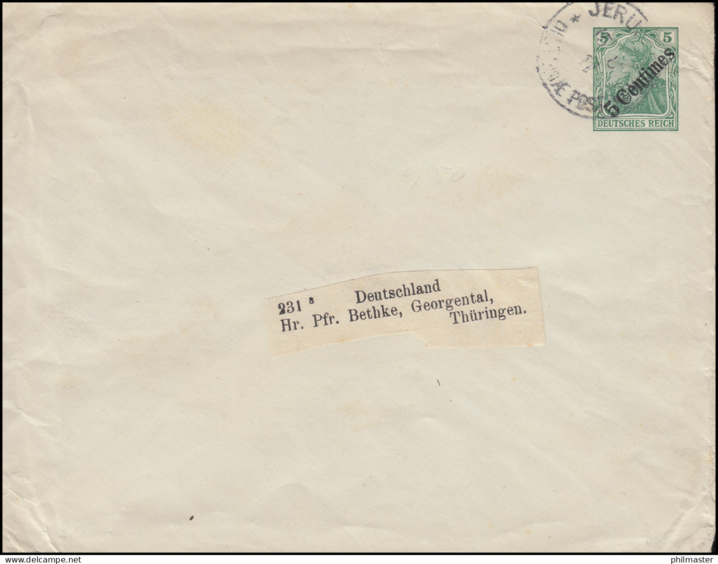 Deutsche Post Jerusalem 15.8.1911 Auf Umschlag U 5 Nach Georgental / Thüringen - Turquie (bureaux)