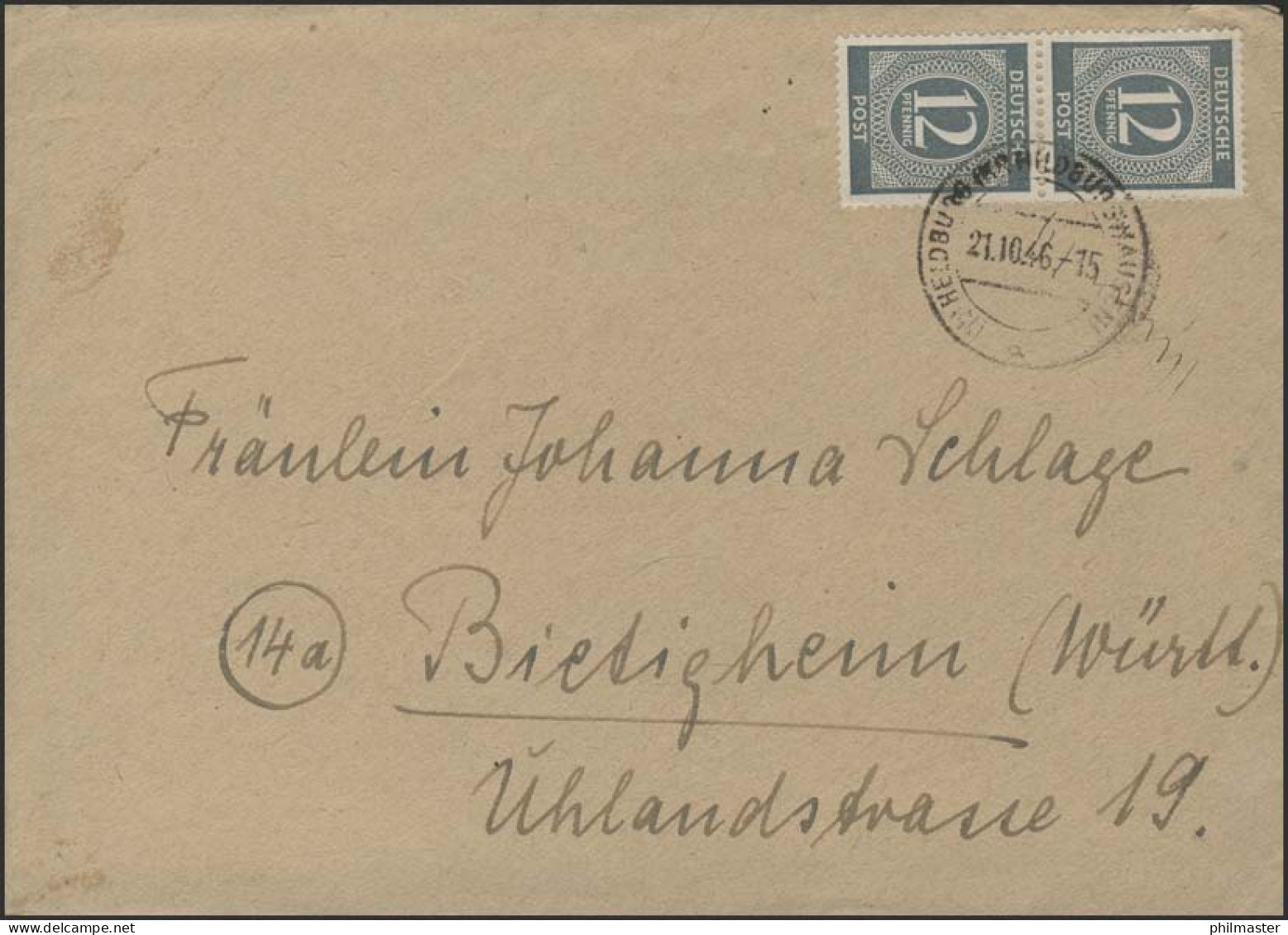 Gemeinschaft 12 Pf. Ziffer Paar MeF Brief Heldburg/Kreis Hildburghausen 21.10.46 - Autres & Non Classés