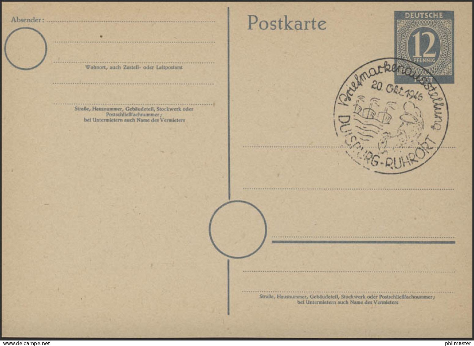 Gemeinschaft PK P 953 Mit SSt Duisburg-Ruhrort Briefmarkenausstellung 20.10.46 - Filatelistische Tentoonstellingen