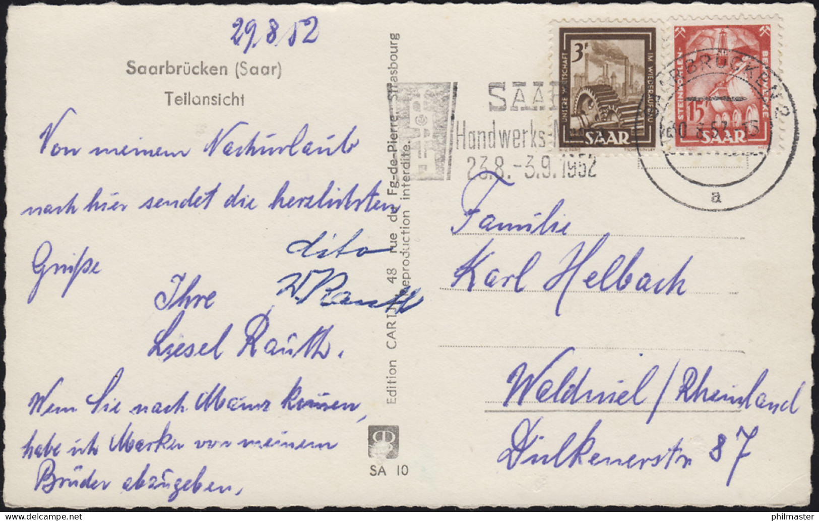 Ansichstkarte Saarbrücken - Teilansicht, MiF Saar 274+281, SAARBRÜCKEN 30.8.1952 - Sonstige & Ohne Zuordnung