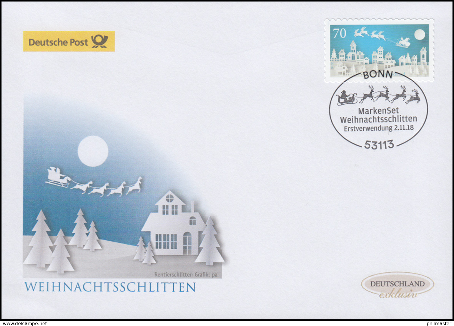 3423 Weihnachtsschlitten, Selbstklebend, Schmuck-FDC Deutschland Exklusiv - Cartas & Documentos
