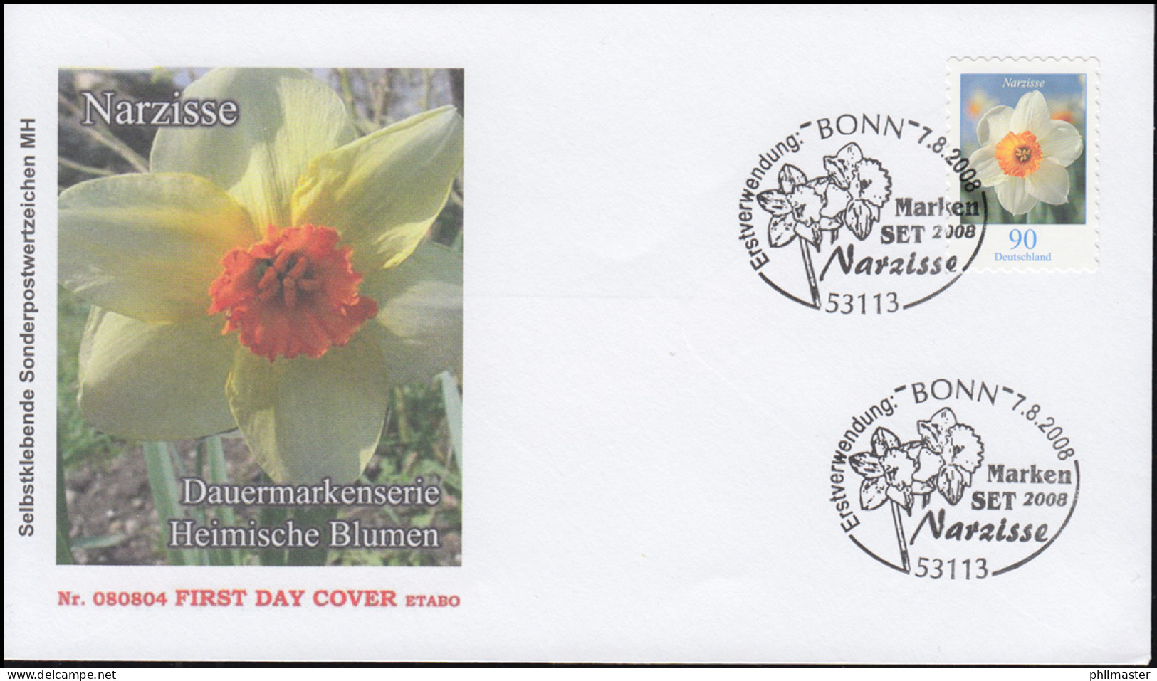 2515 Blumen Narzisse SELBSTKLEBEND Aus FB 1a: ETABO-Schmuck-FDC EV-O Bonn 2008 - Storia Postale