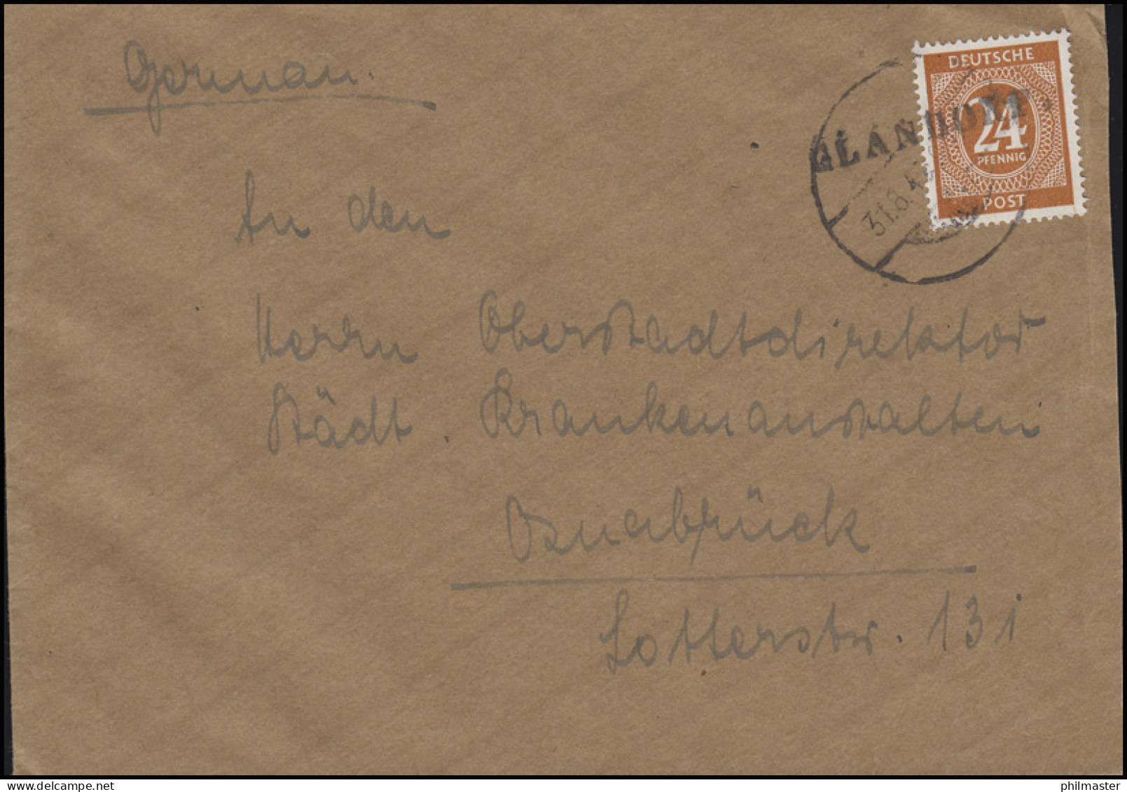 925 Ziffer 24 Pf.  EF Auf Brief Einzeiler GLANDORF Und Stummer Stempel 31.8.46  - Briefe U. Dokumente