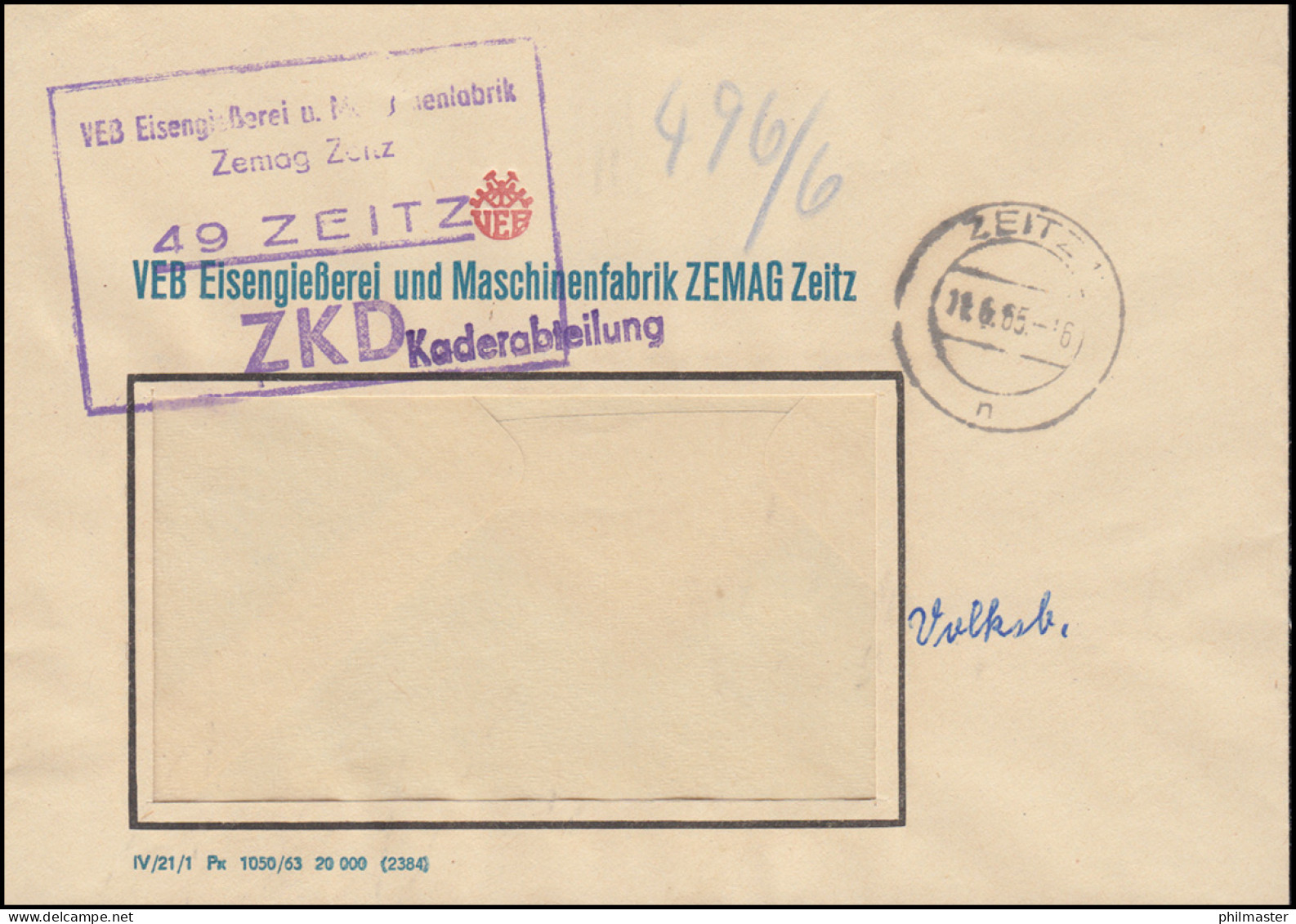 ZKD-Fensterbrief VEB Eisengießerei Und Maschinenfabrik ZEMAG Zeitz 11.6.65 - Other & Unclassified