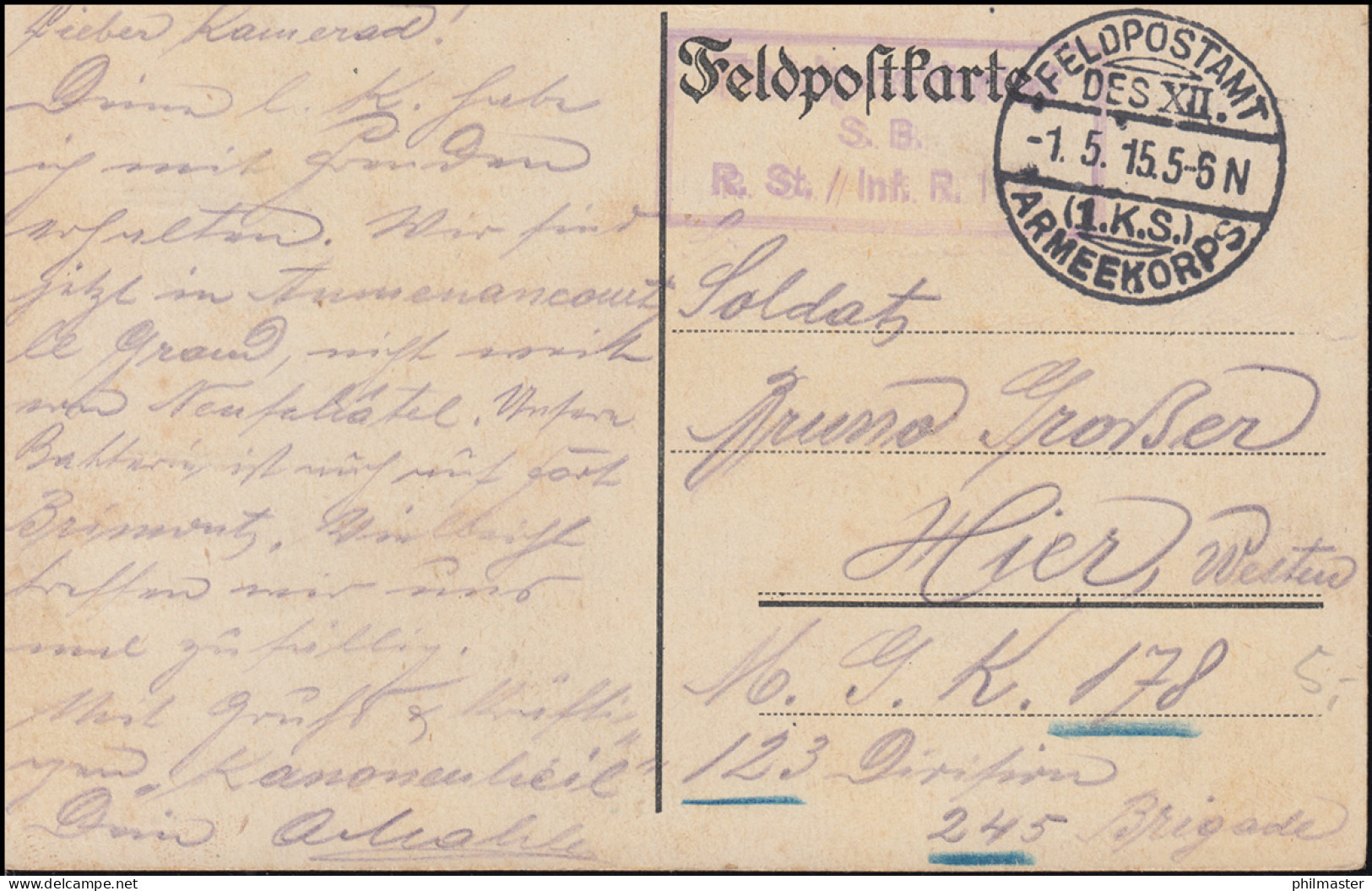 Feldpost BS R.St / Inf.R. Des XII. AK 1.5.15, AK Nun Wollen Wir Sie Verdreschen! - Occupation 1914-18