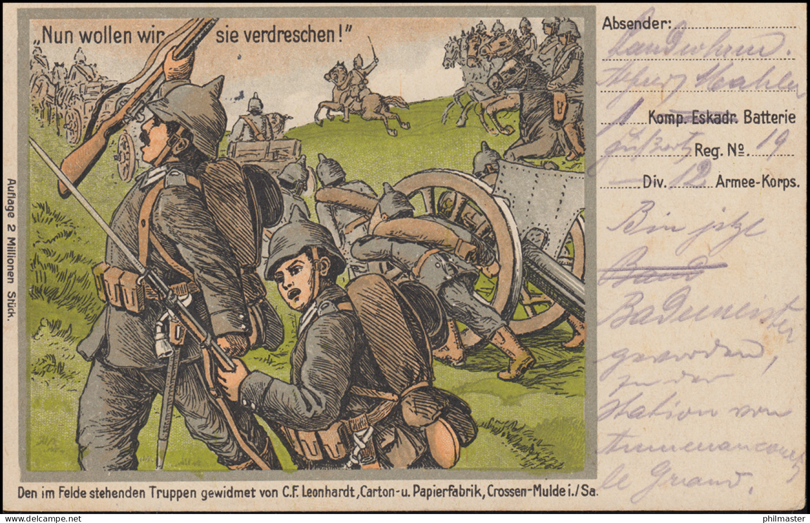 Feldpost BS R.St / Inf.R. Des XII. AK 1.5.15, AK Nun Wollen Wir Sie Verdreschen! - Ocupación 1914 – 18