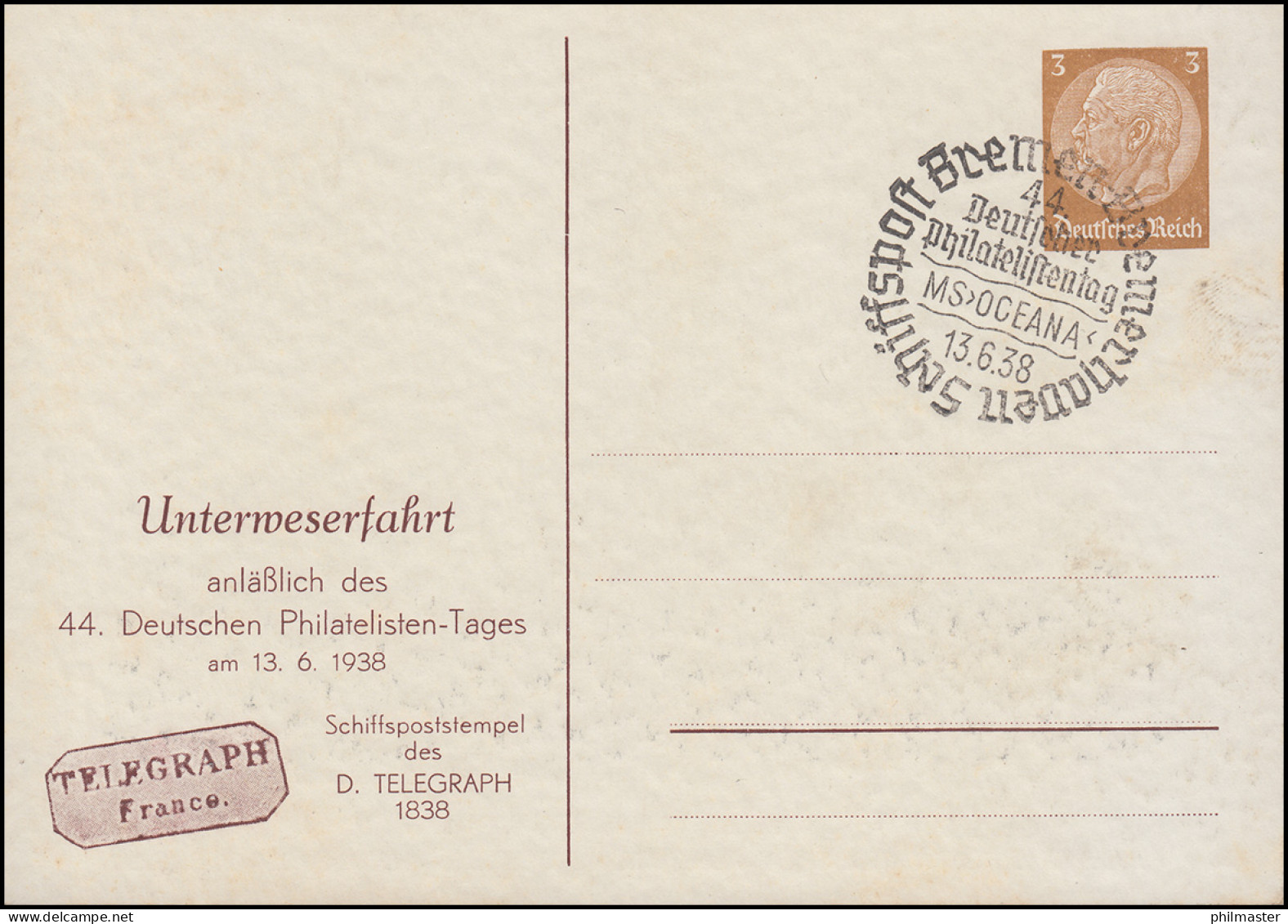 Schiffspost Bremen-Bremerhaven MS OCEANA SSt 13.6.38 Auf PP 122 Philatelistentag - Autres & Non Classés