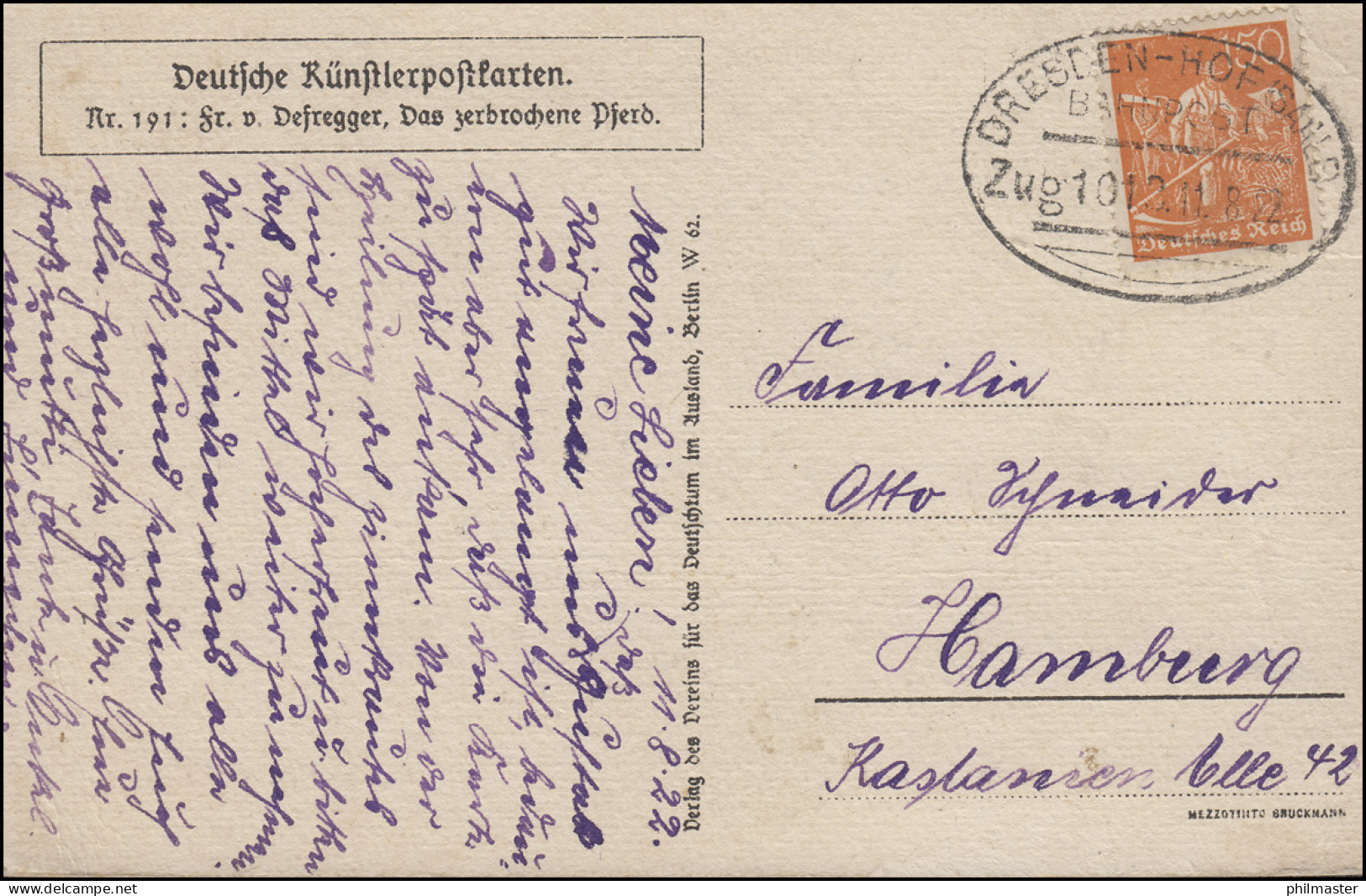 Bahnpost DRESDEN-HOF (SAALE) Zug 1013 - 11.8.22 Auf Künstlerpostkarte Defregger - Autres & Non Classés