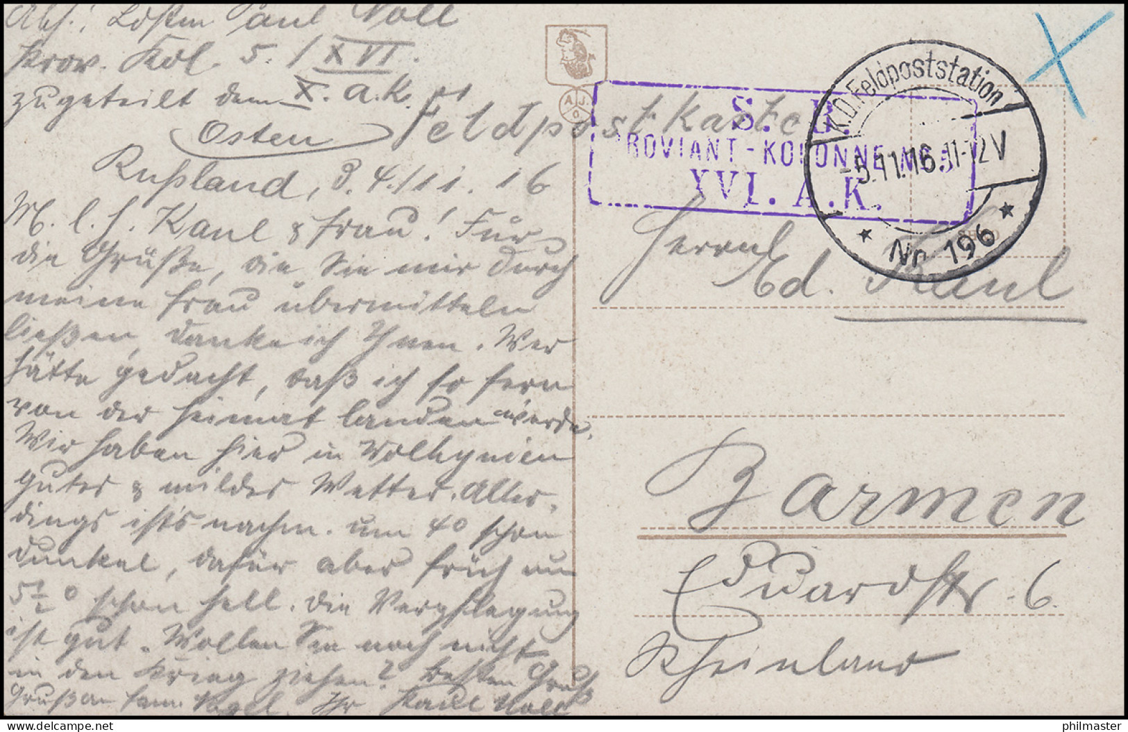 Feldpost PROVIANT-KOLONNE 5 AK Russische Landschaft Feldpoststation 196- 5.11.16 - Besetzungen 1914-18