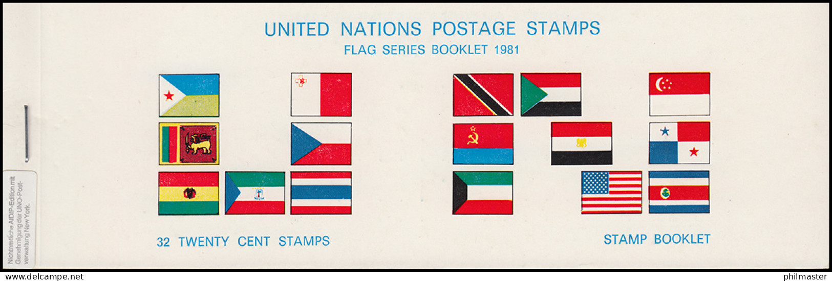 UNO New York AIDIP-Edition Flaggen-Markenheftchen 1981 Nummer 2A (weiß) **  - Carnets