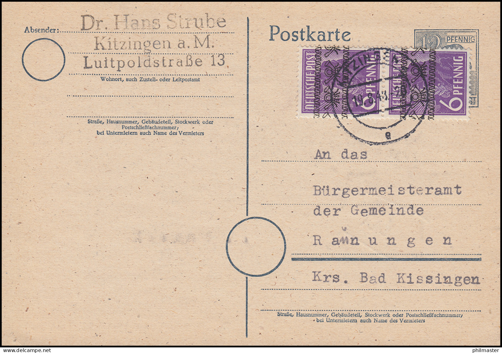 37I Bandaufdruck 6 Pf. Als MeF Aufbrauch-GA, KITZINGEN 19.8.1948 Nach Raunungen - Briefe U. Dokumente