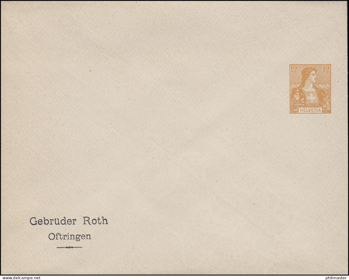 Schweiz Privatganzsache Umschlag Helvetia 12 C. Orange, Ungebraucht (um 1910) - Sonstige & Ohne Zuordnung