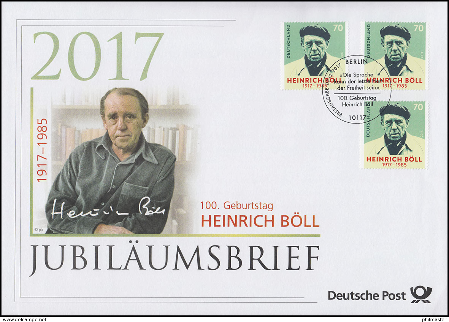 3350 100. Geburtstag Heinrich Böll Schriftsteller 2017 Jubiläumsbrief - Autres & Non Classés