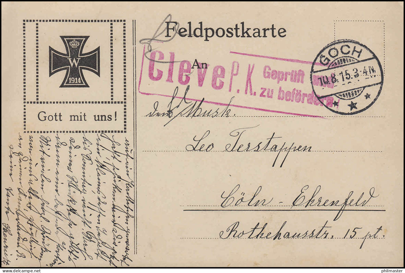 Feldpostkarte GOCH 10.8.15, Roter Zensurstempel CLEVE P.K. Geprüft/zu Befördern - Besetzungen 1914-18