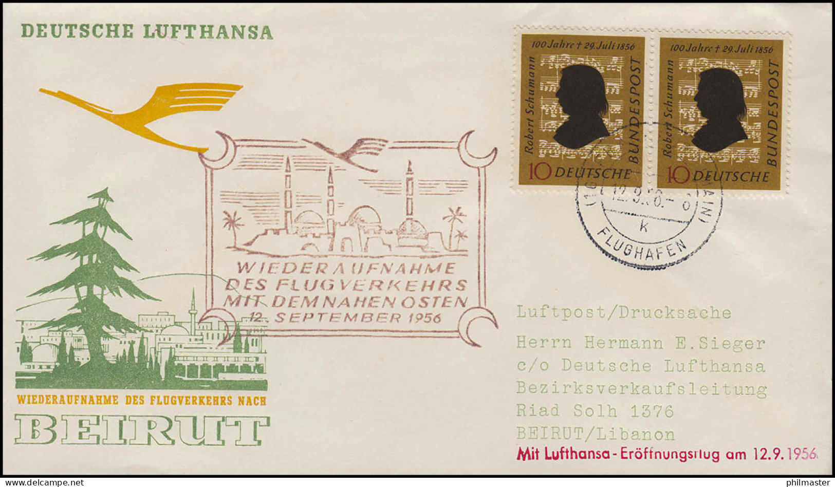 Luftpost Lufthansa Eröffnungsflug Frankfurt Main/ Beirut 12. + 15..9.1956 - Erst- U. Sonderflugbriefe