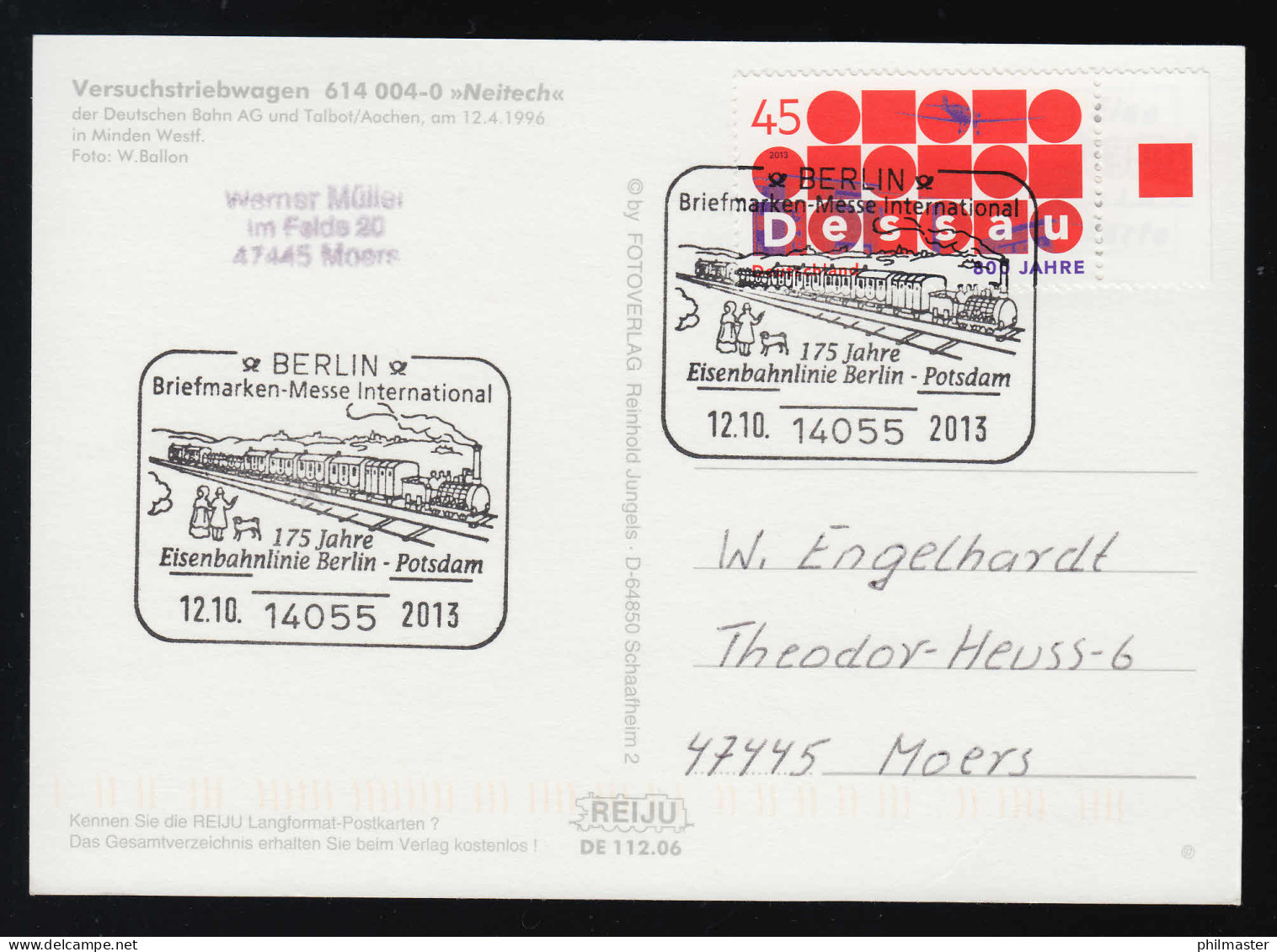 AK Versuchstriebwagen 614 004-0 "Neitech", SSt BERLIN Briefmarkenmesse, 12.10.13 - Sonstige & Ohne Zuordnung