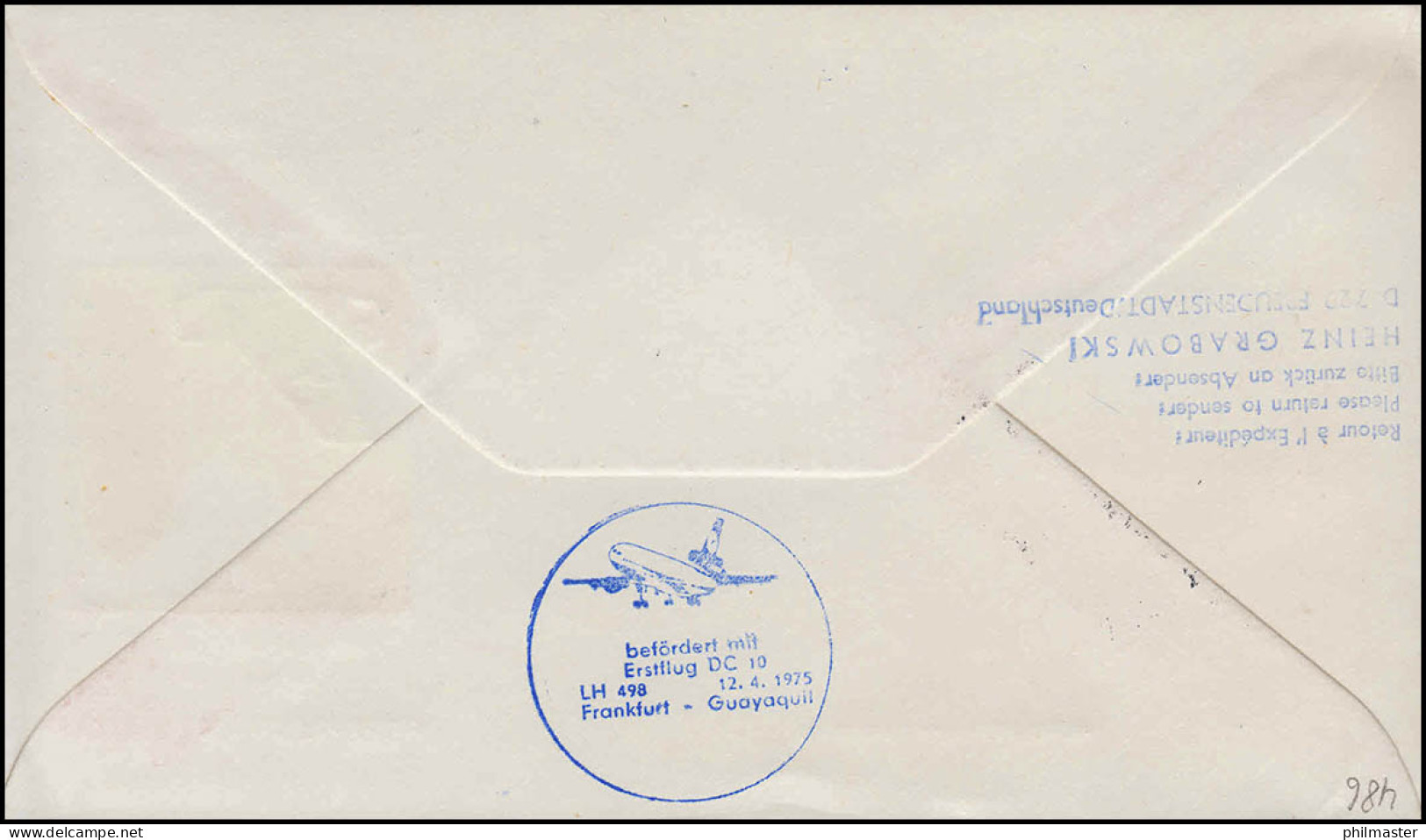 Lufthansa R-Brief Erstflug DC 10 LH 498 Frankfurt Main / Guayaquil 12.4.1975 - Erst- U. Sonderflugbriefe