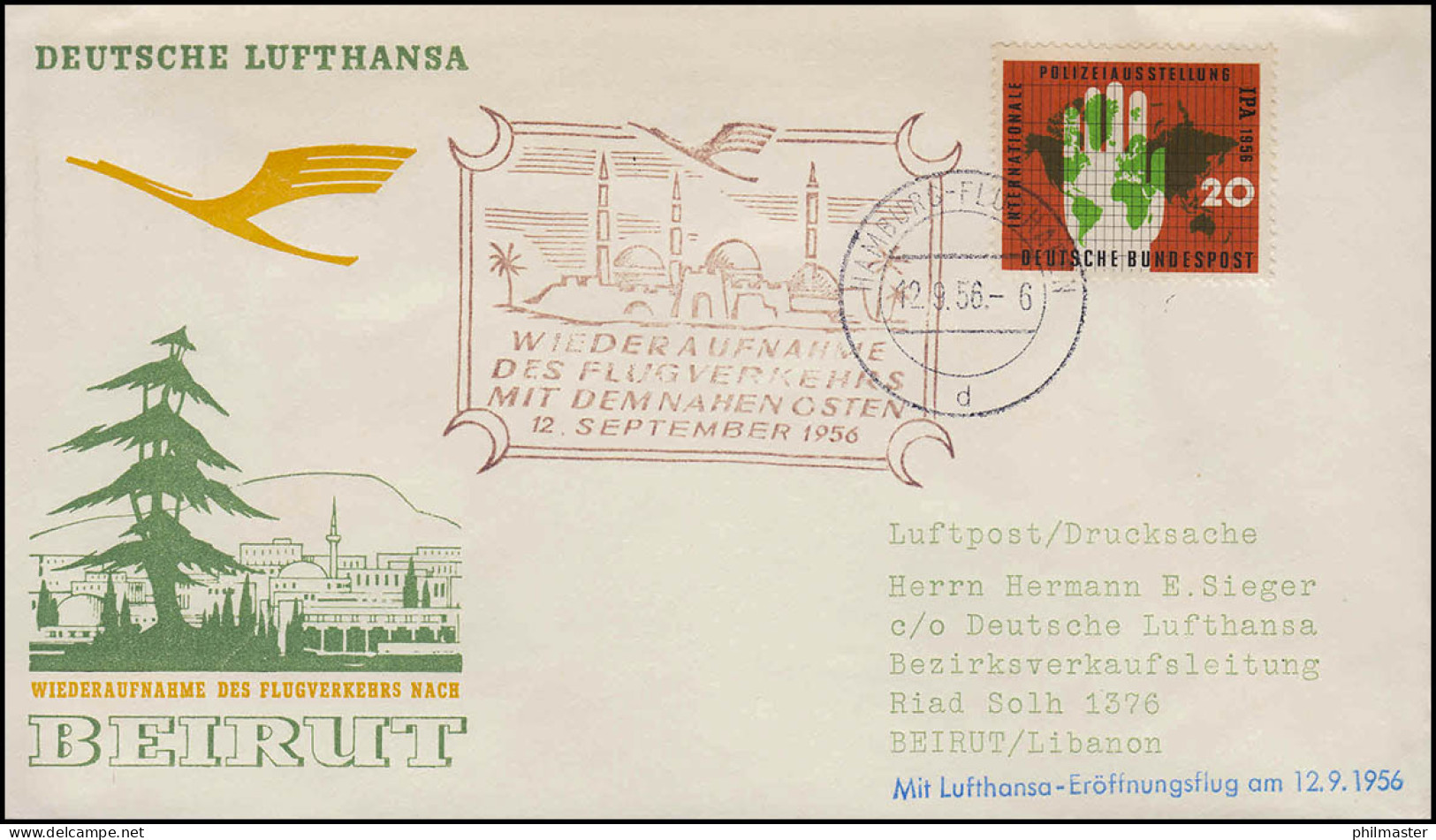 Luftpost Lufthansa Eröffnungsflug Hamburg/ Beirut (Beyrouth) 12 + 15..9.1956 - Premiers Vols