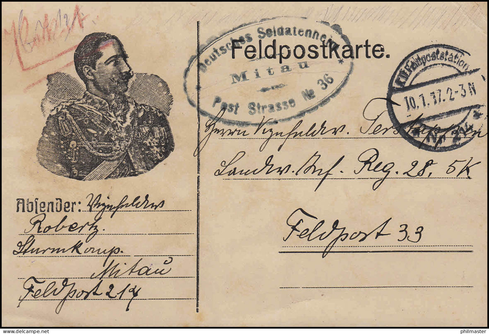 Feldpostkarte Wilhelm Feldpoststation 214 - 10.1.17 BS Soldatenheim Mitau - Besetzungen 1914-18