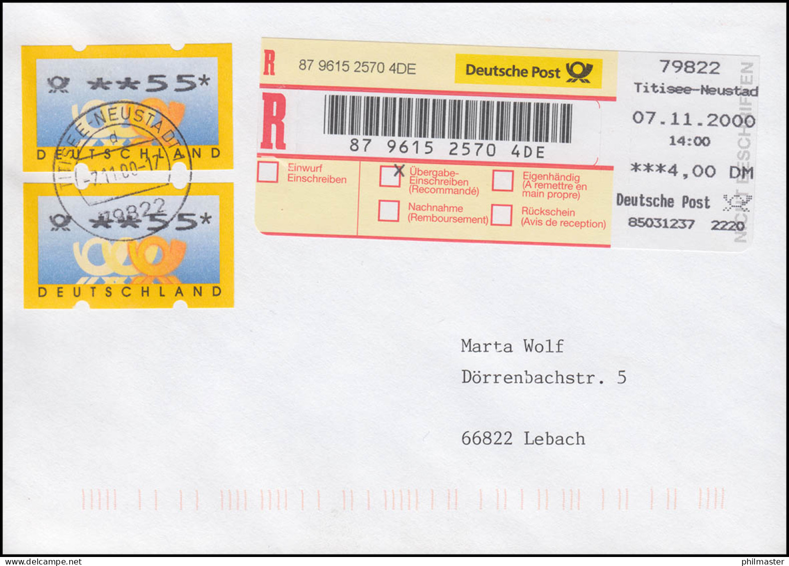 3.2. ATM Zweimal 55 Mit EPOS-ÜE 400 Pfennig MiF, EPOS-Letztag 7.11.2000 - Machine Labels [ATM]