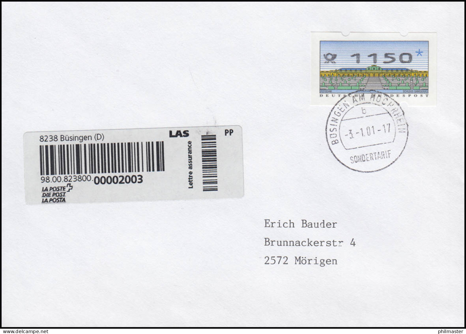 Sondertarif Büsingen Ab 3.1.2001 Neue Einschreiben: R-FDC ET-O BÜSINGEN 3.1.01 - Posta