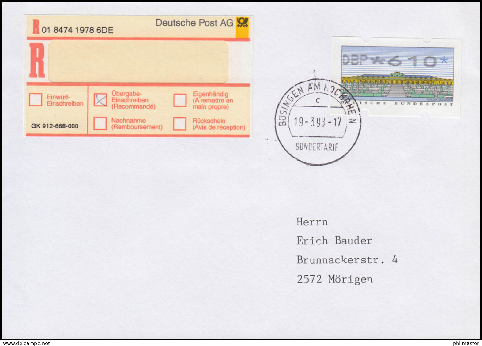 Sondertarif Büsingen: R-Brief Mit 2 Verschiedenen E-Scheinen, BÜSINGEN 19.3.98 - Post