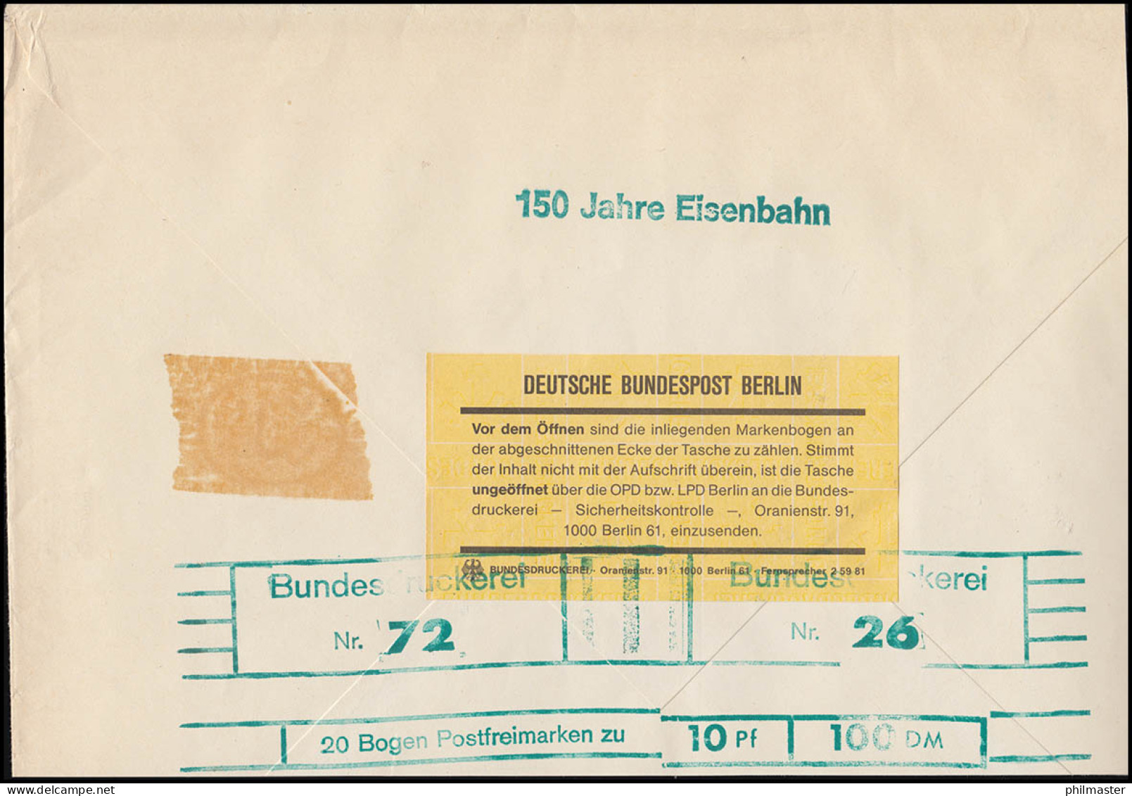 Markentasche Für 20 Bögen 822 Eisenbahn 1988, Zweiseitig Offen/beschnitten - Altri & Non Classificati