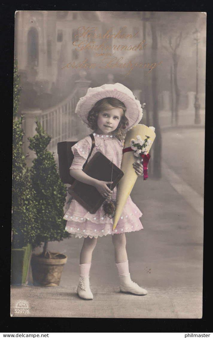 Foto AK R & K L. 5297/6 Mädchen Rosa Kleid Hut Schultüte Koloriert, Beschriftet - Sonstige & Ohne Zuordnung