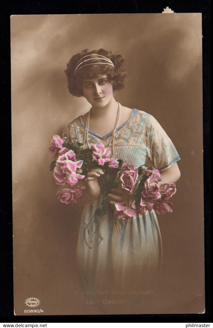 AK Glückwünsche Geburtstag: Frau Mit Roten Rosen, Bahnpost EIBAU-ZITTAU Um 1910 - Sonstige & Ohne Zuordnung