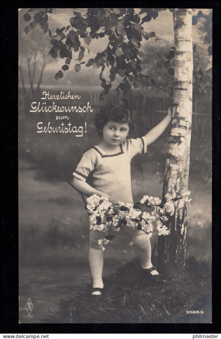 AK Glückwünsche Geburtstag: Junge Mit Blumen Landschaft Birke, HILGEN 26.4.1915 - Sonstige & Ohne Zuordnung
