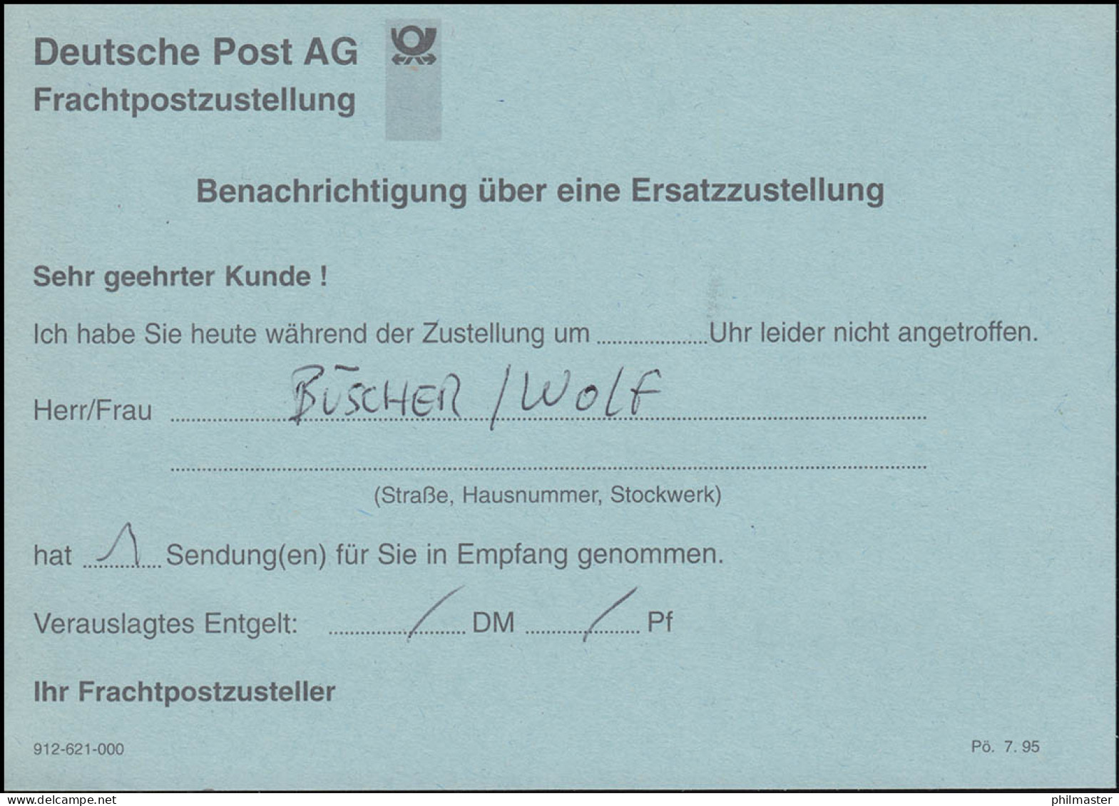 Deutsche Post Frachtpostzustellung: Benachrichtigung über Eine Ersatzzustellung - Other & Unclassified