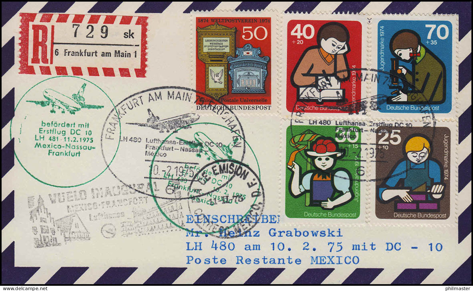 Lufthansa Erstflug R-Postkarte DC 10 LH 481 Mexico / Frankfurt Main 11./10.75 - Primi Voli