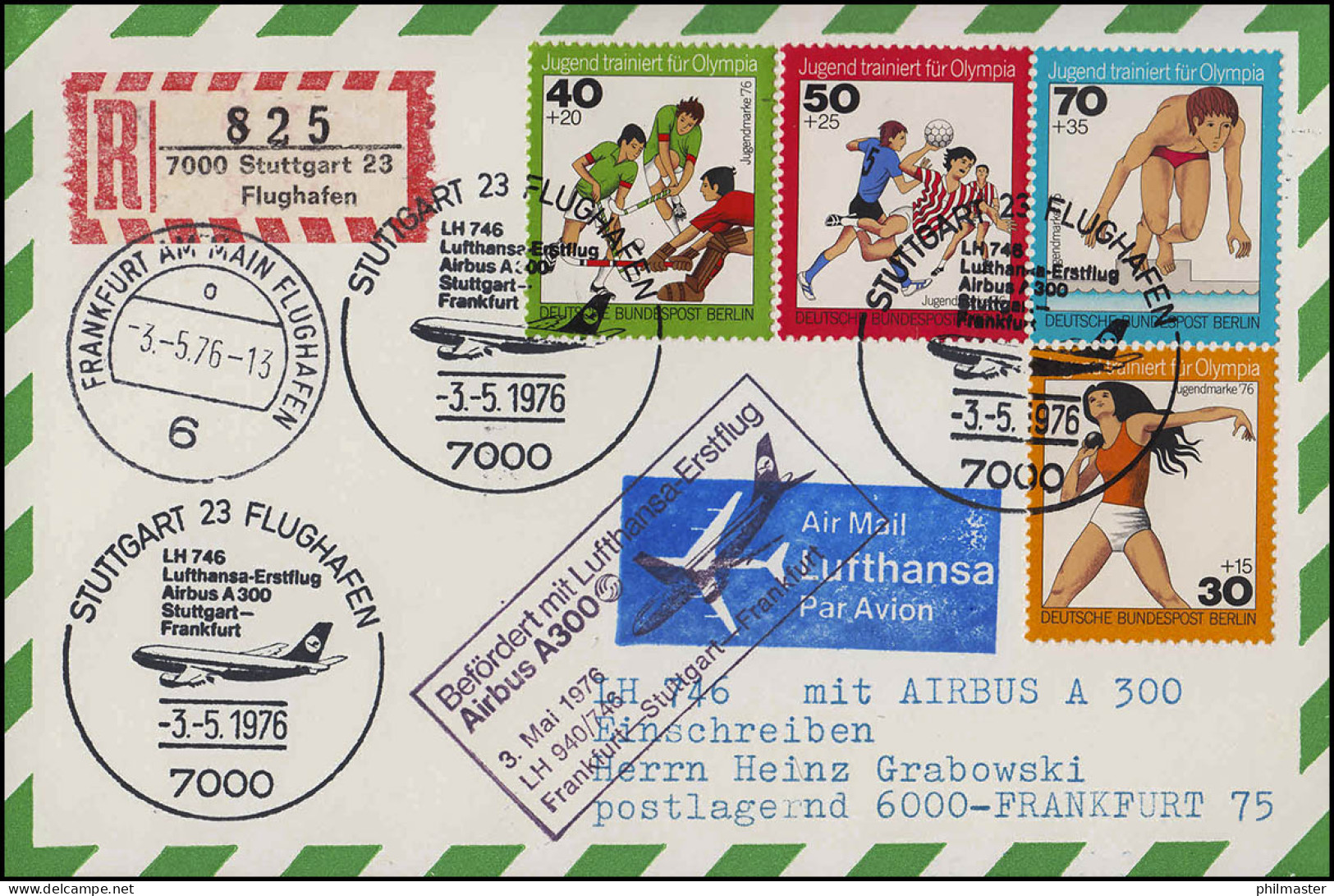 Lufthansa Erstflug R-Postkarte Airbus A300 LH940/746 Frankfurt /Stuttgart 3.5.76 - Premiers Vols