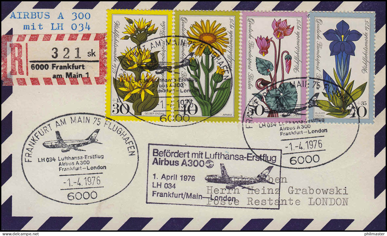 Lufthansa Erstflug R-Postkarte Airbus A300 LH 034 Frankfurt/ London 1.4.1976 - First Flight Covers