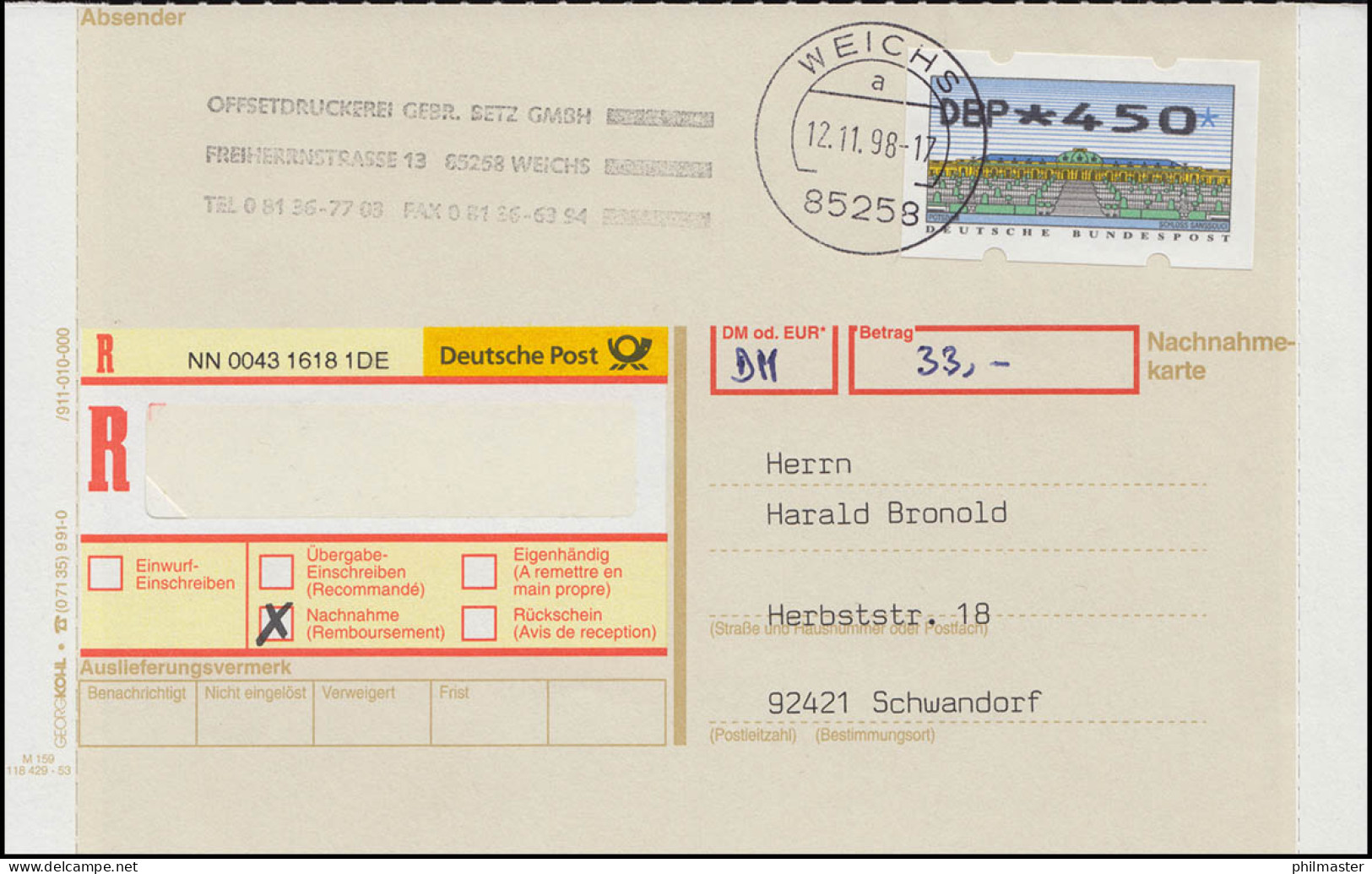NN-Nachnahme-Karte: Eingedruckter Premium-Aufkleber ATM 450 WEICHS 12.11.1998 - R- & V- Vignette