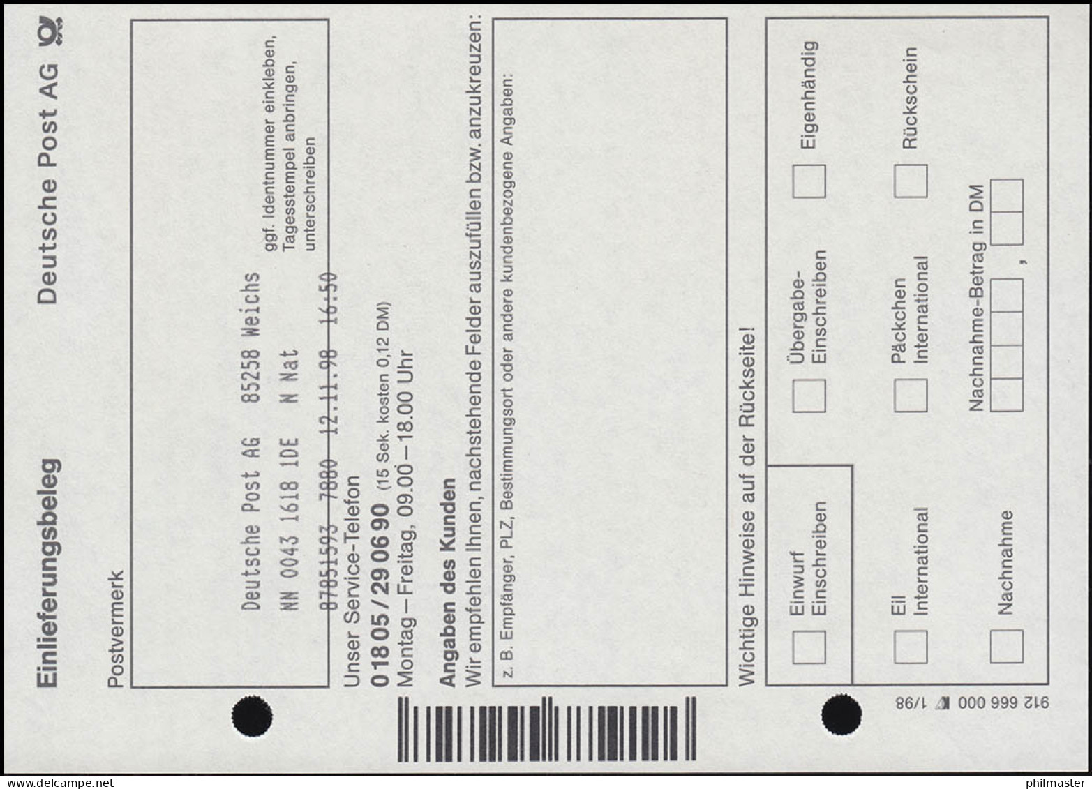 NN-Nachnahme-Karte: Eingedruckter Premium-Aufkleber ATM 450 WEICHS 12.11.1998 - R- Und V-Zettel