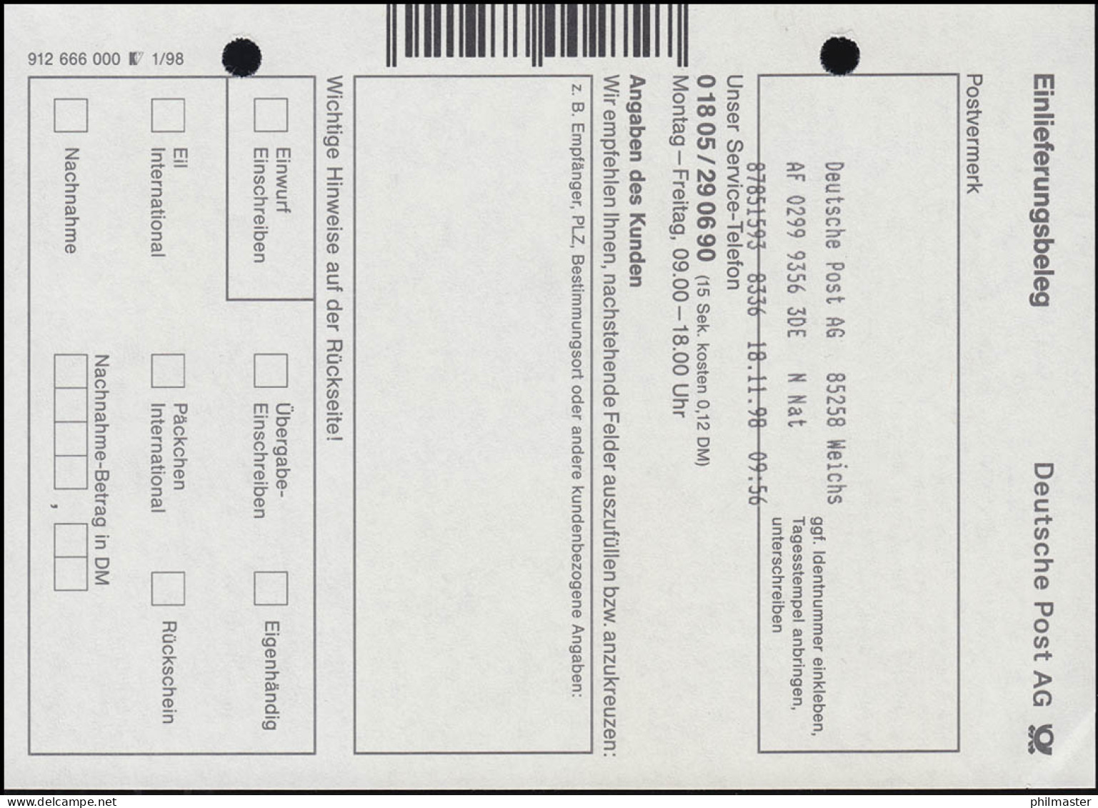 AF-Nachnahme-Karte: Eingedruckter Premium-Aufkleber ATM 460 WEICHS 18.11.1998 - Etiquettes 'Recommandé' & 'Valeur Déclarée'