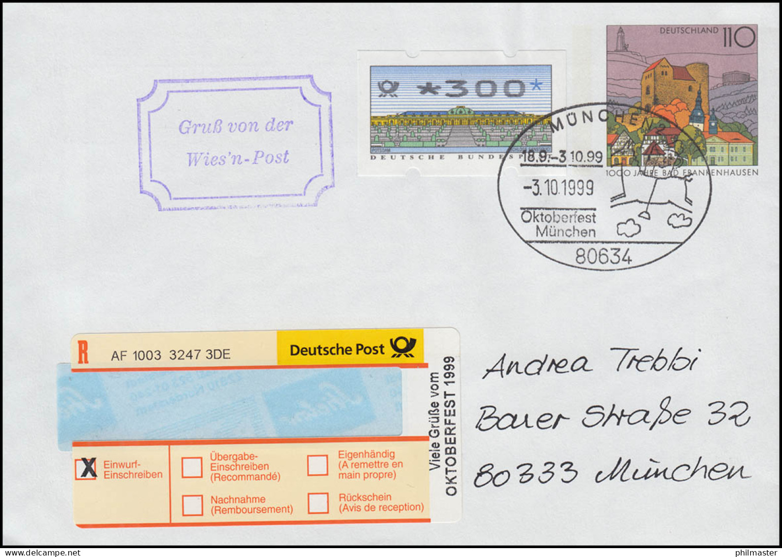 Sonder-R-Zettel Oktoberfest Auf USo 5 BIIIY Mit ATM 300 - SSt MÜNCHEN 3.10.99 - Etiquettes 'Recommandé' & 'Valeur Déclarée'