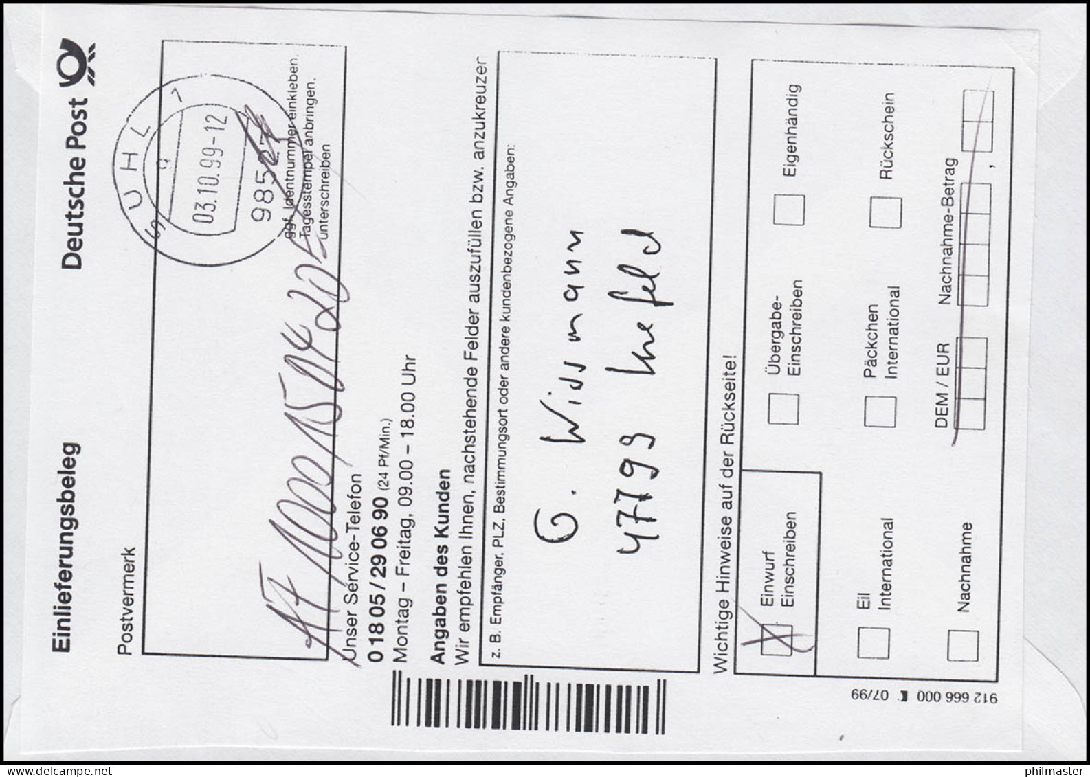 ARGE Sonder-R-Zettel Auf R-Brief ATM-EF 410 Passender SSt SUHL 2.10.1999 - Etiquettes 'Recommandé' & 'Valeur Déclarée'