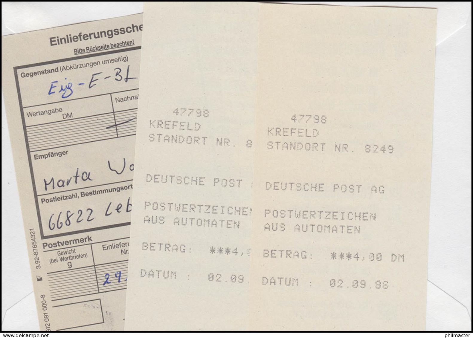 Neue Klüssendorf-Quittungen: R-Eigenhändig-FDC Mit 400 MeF ET-O KREFELD 2.9.96 - Machine Labels [ATM]